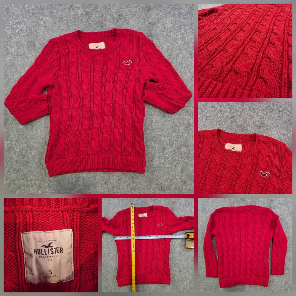 Hollister Sweater Womens Small Red Cable Knit Crewneck‎ Pullover Embroidered